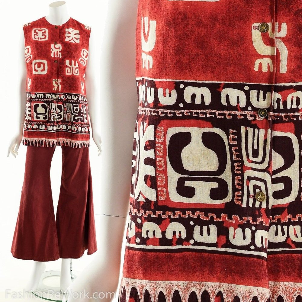 Red Hawaiian Tunic Blouse, Vintage Hawaii Shirt, Sleeveless Shirt, Button Down S